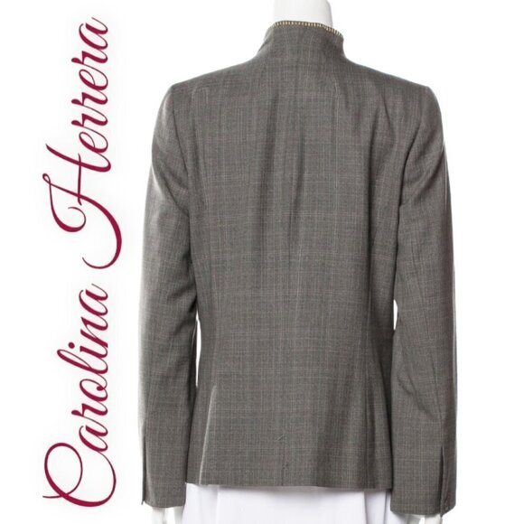 CAROLINA HERRERA Elegant Wool Micro Plaid Collarless Gray Blazer, Size 10 - Picture 3 of 12